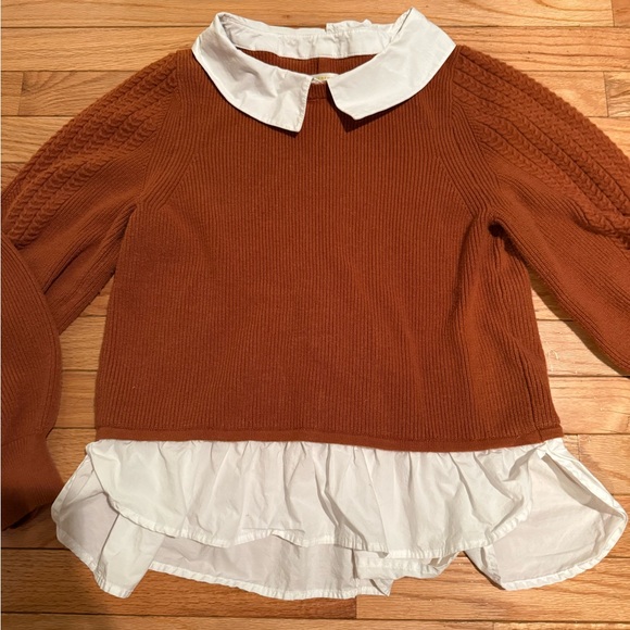 Women's Brown Sweater with White Collar buttons up back twofer size large - Picture 2 of 6